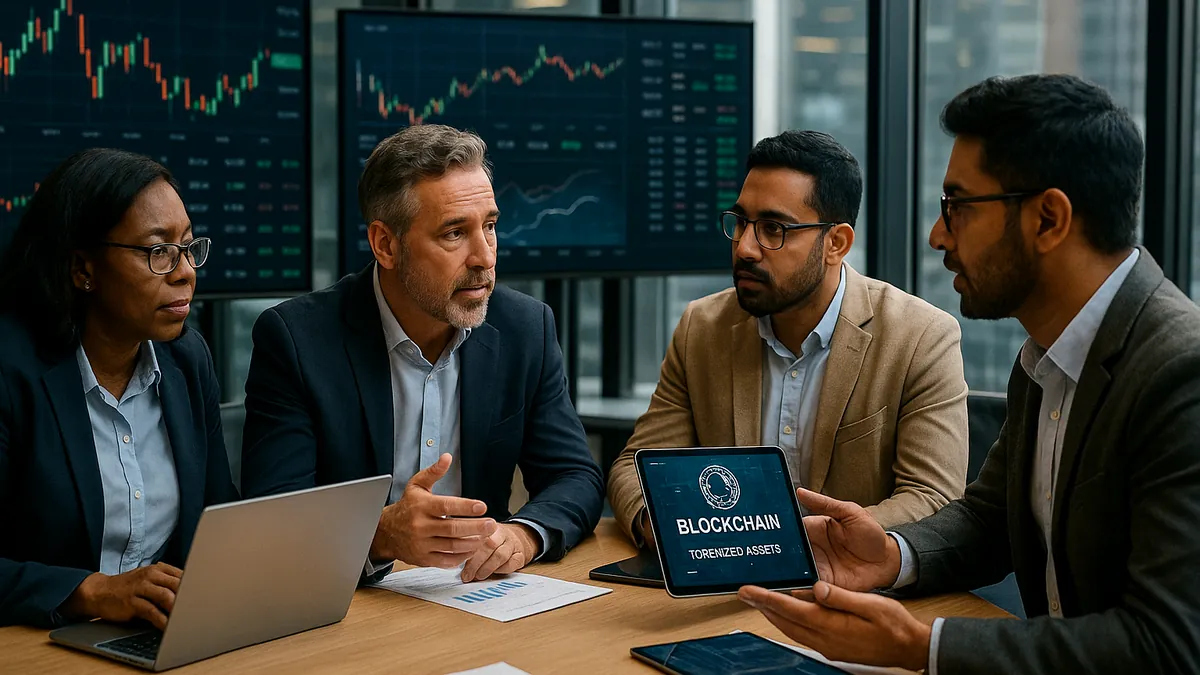 Financial professionals discussing blockchain and tokenized assets around a conference table with digital market data visible on screens.