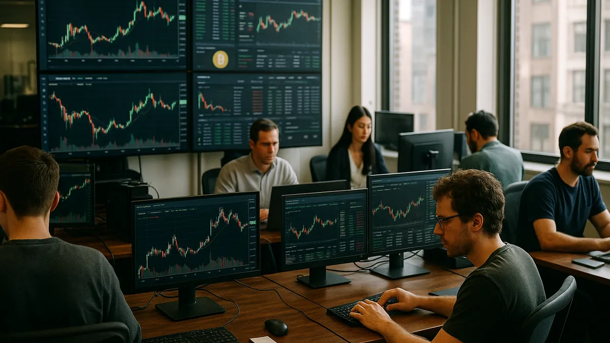 Inside a cryptocurrency exchange office with employees working at desks and screens showing digital currency charts.