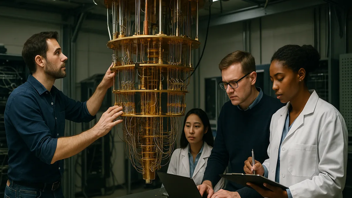 Scientists working in a quantum computing lab with a large quantum computer and visible hardware components and wiring.