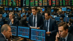 Traders working on the floor of a stock exchange with multiple monitors showing market data and stock prices.