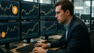 A cryptocurrency trader at a desk with several monitors showing Bitcoin charts and financial data in a modern office.