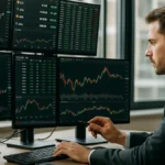 A cryptocurrency trader at a desk with several monitors showing crypto market charts and prices in an office environment.
