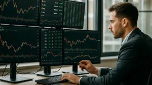 A cryptocurrency trader at a desk with several monitors showing crypto market charts and prices in an office environment.