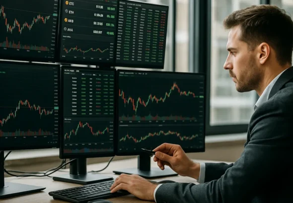 A cryptocurrency trader at a desk with several monitors showing crypto market charts and prices in an office environment.