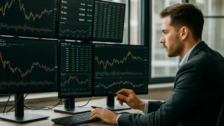 A cryptocurrency trader at a desk with several monitors showing crypto market charts and prices in an office environment.