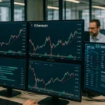A cryptocurrency trading desk showing multiple screens with Bitcoin and Ethereum charts and traders working in a modern office.