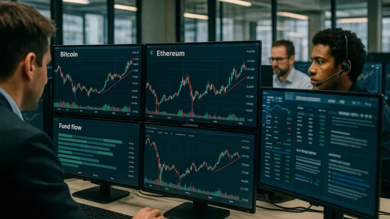 A cryptocurrency trading desk showing multiple screens with Bitcoin and Ethereum charts and traders working in a modern office.