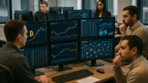 A cryptocurrency trading desk with traders monitoring bitcoin prices and blockchain data on multiple screens in an office.