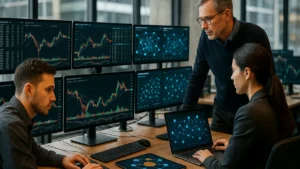 A cryptocurrency trading desk with traders monitoring blockchain data and cross-chain transactions on multiple screens.