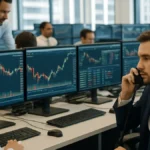 A cryptocurrency trading floor with traders watching Bitcoin price charts on multiple monitors in a busy office environment.
