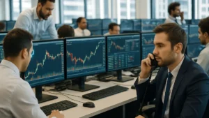 A cryptocurrency trading floor with traders watching Bitcoin price charts on multiple monitors in a busy office environment.