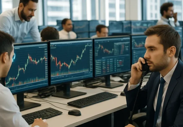 A cryptocurrency trading floor with traders watching Bitcoin price charts on multiple monitors in a busy office environment.