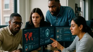 A cybersecurity team analyzing threat intelligence data on multiple screens in a modern office setting.