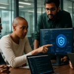 A cybersecurity team working together around a table with laptops and security dashboards in a modern office setting.