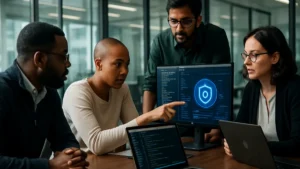 A cybersecurity team working together around a table with laptops and security dashboards in a modern office setting.