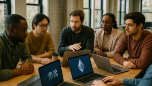 A diverse group of blockchain developers collaborating around a table with laptops discussing Ethereum protocol updates in a modern office setting.