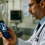 A doctor holding a smartphone displaying medical AI software in a clinical environment with medical tools and patient records visible in the background.