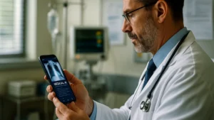 A doctor holding a smartphone displaying medical AI software in a clinical environment with medical tools and patient records visible in the background.