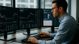 A financial analyst at a desk with multiple monitors showing Bitcoin charts and market data in a modern office setting.