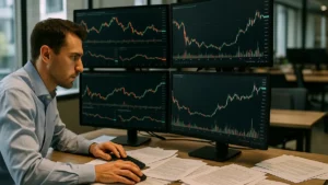 A financial analyst studies bitcoin price charts and stock data on multiple monitors in a modern office setting.