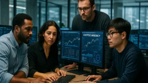 A group of blockchain developers working together in an office with multiple monitors showing cryptocurrency data and cross-chain protocols.
