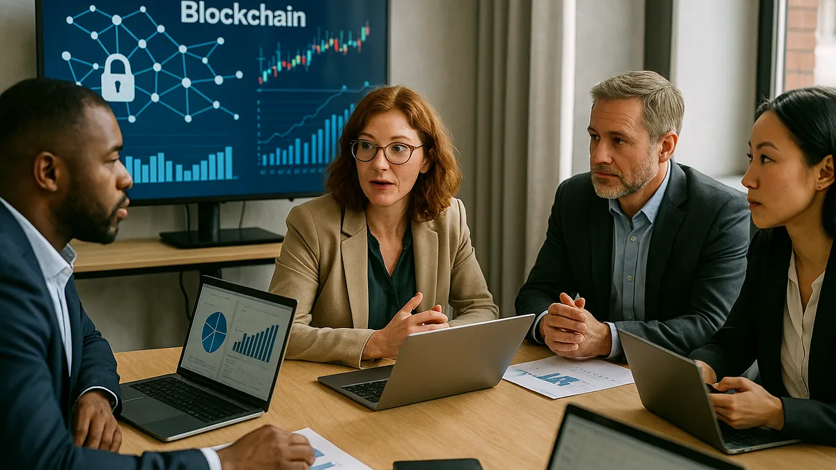 A group of financial professionals collaborating around a conference table with laptops and charts during a fintech strategy meeting.