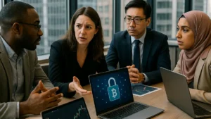 A group of professionals in an office environment discussing cryptocurrency security with laptops and digital charts visible.