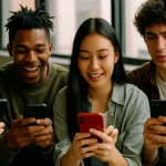 A group of young people using smartphones indoors, watching and creating social media videos with engaged expressions