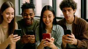 A group of young people using smartphones indoors, watching and creating social media videos with engaged expressions