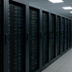 A modern server room with multiple racks and blinking lights supporting AI computations and machine learning infrastructure.