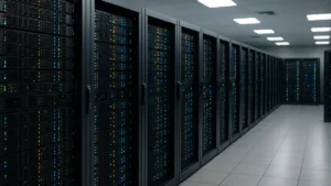 A modern server room with multiple racks and blinking lights supporting AI computations and machine learning infrastructure.