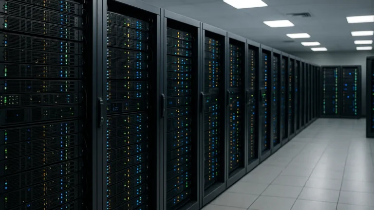 A modern server room with multiple racks and blinking lights supporting AI computations and machine learning infrastructure.