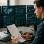 A person working at a cryptocurrency desk with screens showing blockchain and stablecoin yield data