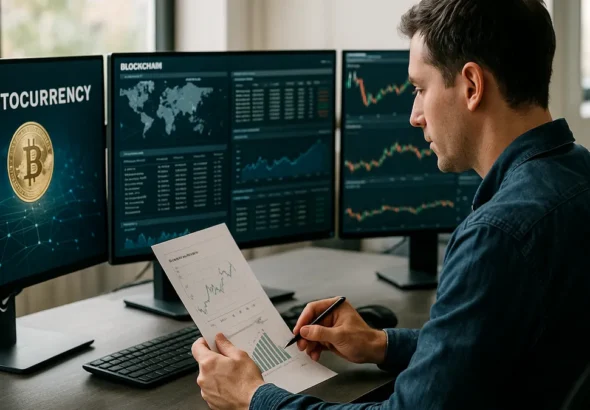 A person working at a cryptocurrency desk with screens showing blockchain and stablecoin yield data