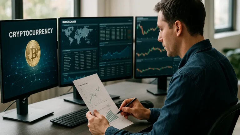 A person working at a cryptocurrency desk with screens showing blockchain and stablecoin yield data