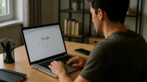 A person working on a laptop at a desk with a web browser open, showing typical home office technology use.