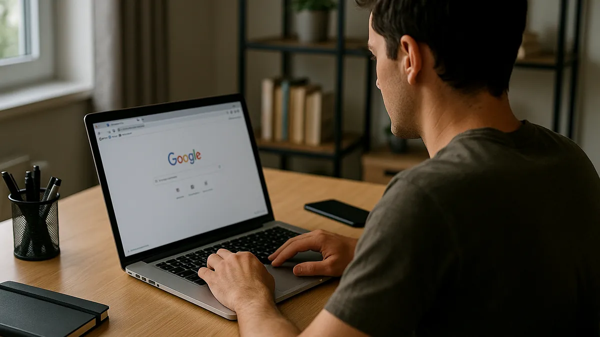 A person working on a laptop at a desk with a web browser open, showing typical home office technology use.
