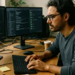 A software developer focused on multiple computer screens showing code and CI/CD workflows in a realistic workspace setting.
