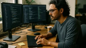 A software developer focused on multiple computer screens showing code and CI/CD workflows in a realistic workspace setting.