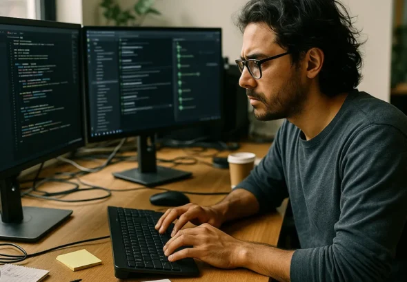 A software developer focused on multiple computer screens showing code and CI/CD workflows in a realistic workspace setting.