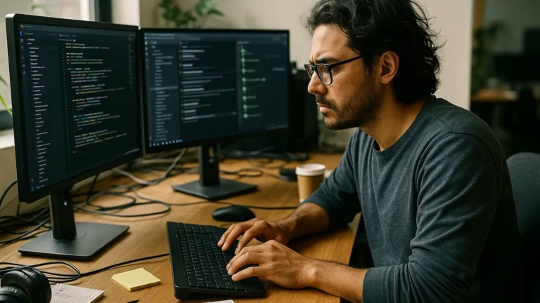 A software developer focused on multiple computer screens showing code and CI/CD workflows in a realistic workspace setting.