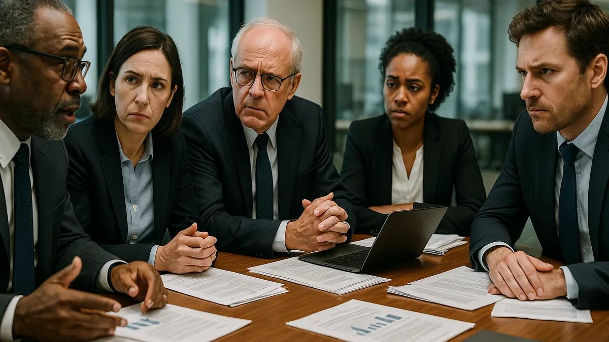 Banking professionals in a modern office discussing financial regulations around a table with laptops and documents visible.