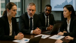 Business professionals in a conference room discussing financial charts and corporate strategy around a table with laptops.