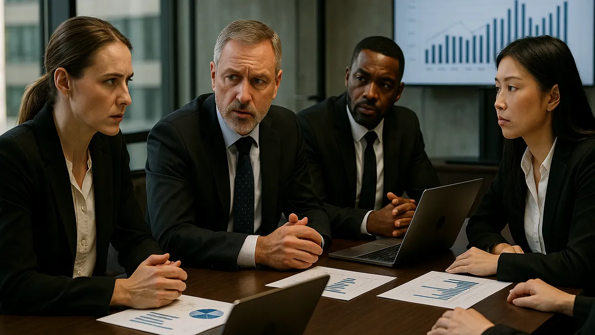 Business professionals in a conference room discussing financial charts and corporate strategy around a table with laptops.