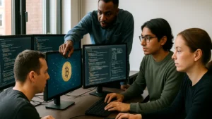 Developers working together in a tech workspace with multiple monitors showing blockchain and cryptography code.