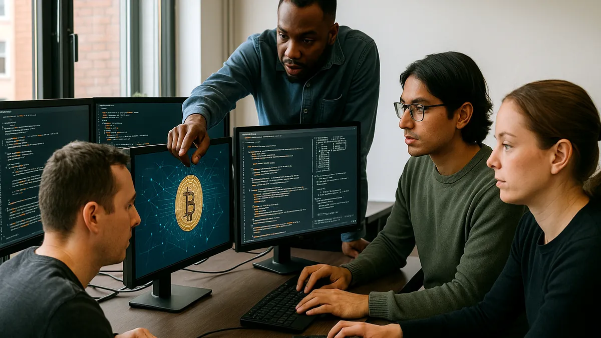 Developers working together in a tech workspace with multiple monitors showing blockchain and cryptography code.