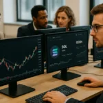 Financial analysts working in an office with cryptocurrency charts and Solana token data on computer screens.