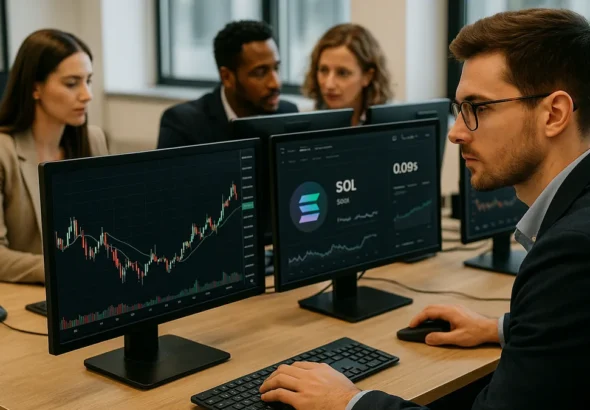 Financial analysts working in an office with cryptocurrency charts and Solana token data on computer screens.