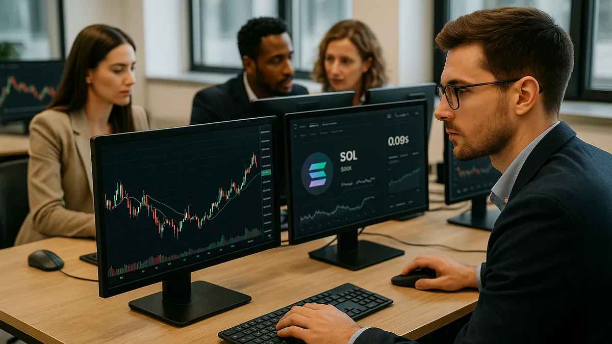 Financial analysts working in an office with cryptocurrency charts and Solana token data on computer screens.