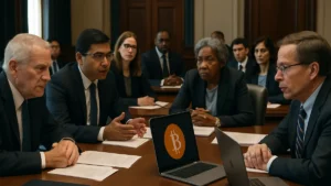 Lawmakers and financial experts discussing cryptocurrency regulation around a conference table with documents and laptops in a government hearing room.